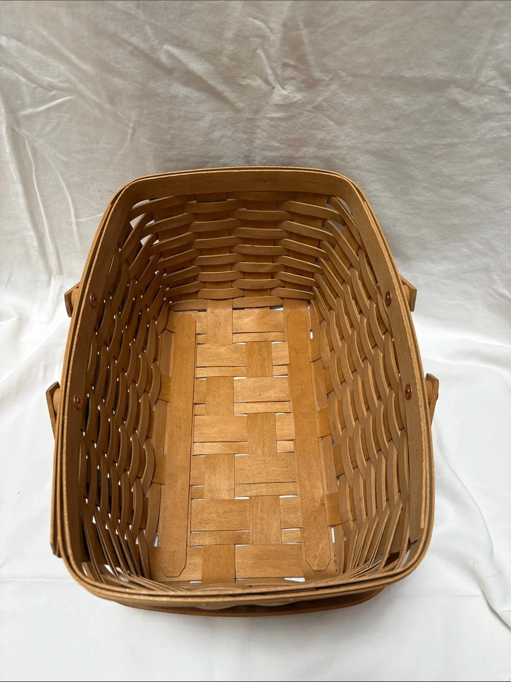 Longaberger wood market basket with hinged handles and plastic inserts
